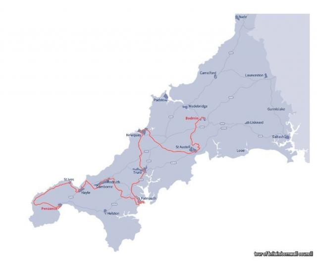 Route will go through: Penzance, St Just, St Ives, Hayle, Camborne, Pool, Redruth, Falmouth, Penryn, Truro, Newquay, St Austell and will finish in Bodmin